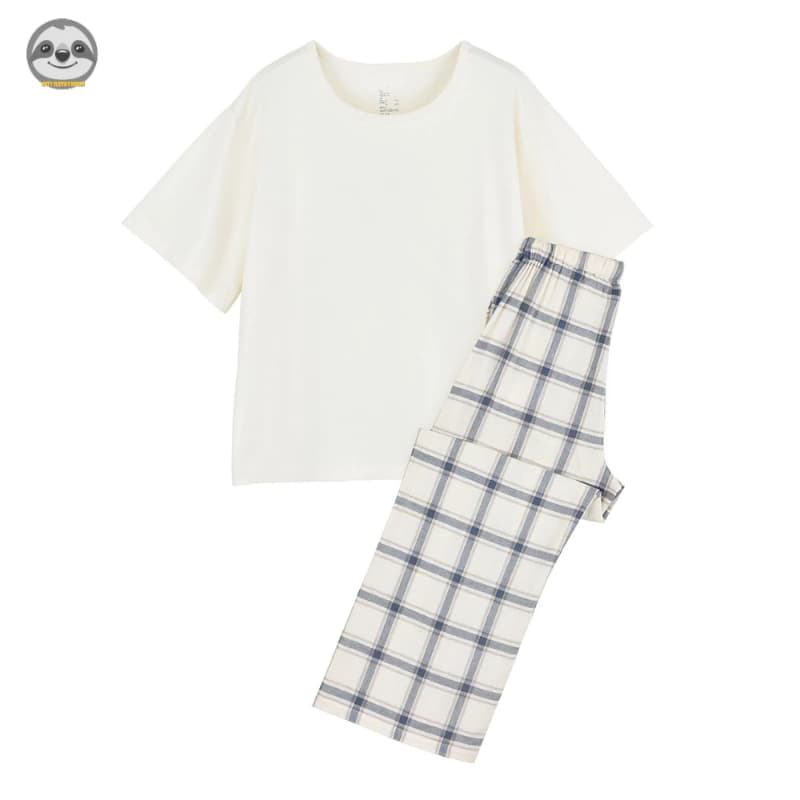 Phong cách Nhật Bản Muji Style / Đồ ngủ ngắn tay bằng vải Cotton / Bộ đồ ngủ kẻ sọc màu hỗn hợp / Đồ ngủ cặp đôi thân thiện với da mềm mại