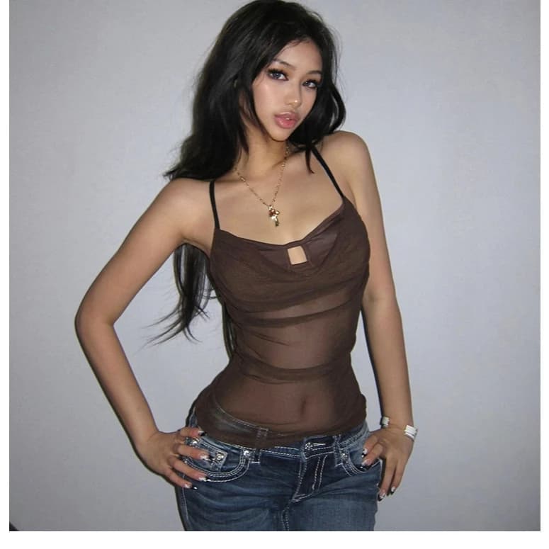 Klalien Áo Lưới Gợi Cảm Nhìn Xuyên Qua Không Tay Hình Eo Lưng Mỏng Phù Hợp Với Phong Cách Sang Trọng Vintage Thường Ngày Đa Năng 2025 Thời Trang Phụ Nữ Mới