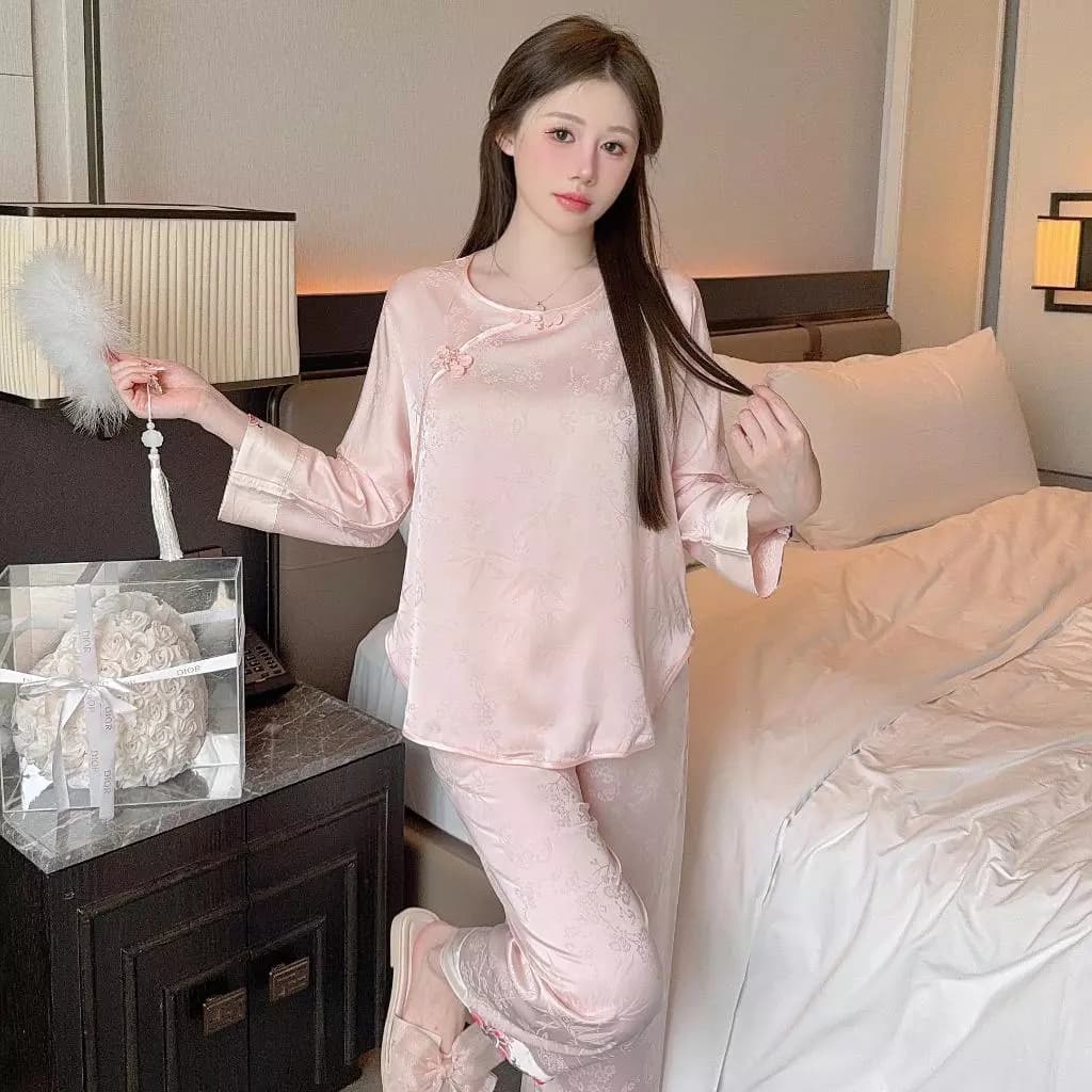 TEEFENG Bộ Đồ Ngủ Nữ Cao Cấp Lụa Dệt Hoa Phong Cách Trung Hoa Mùa Hè Dài Tay Mặc Nhà