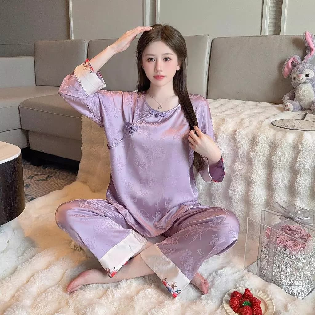 TEEFENG Bộ Đồ Ngủ Nữ Cao Cấp Lụa Dệt Hoa Phong Cách Trung Hoa Mùa Hè Dài Tay Mặc Nhà