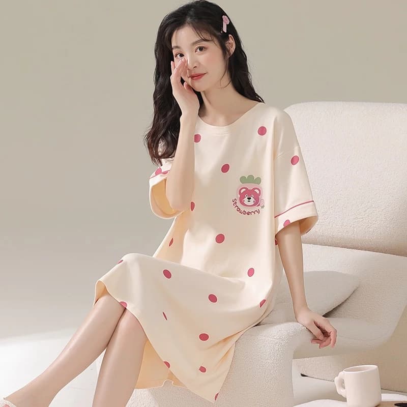 đồ bộ nữ đồ mặc nhà váy ngủ Bộ Đồ Ngủ Nữ Bộ Đồ Ngủ Nữ Homewear Nữ Váy Mùa Hè Giả Cotton Tay Ngắn Cổ Tròn Tay Ba Điểm Kích Thước Lớn Rời Ngọt Ngào Có Thể Mặc Miếng Lót Không Ngực Bên Ngoài