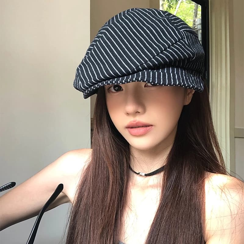 Nghệ thuật Nhật Bản mũ sọc vải lanh cotton nữ xuân hè thoáng khí mặt xuất hiện nhỏ newsboy retro họa sĩ mũ