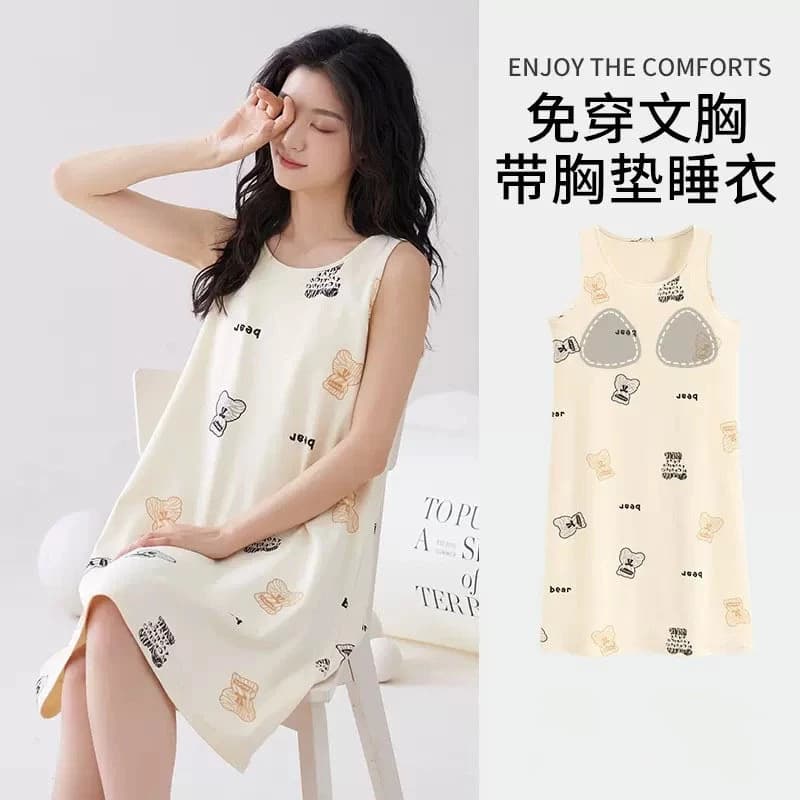 Bộ Đồ Ngủ Nữ Bộ Đồ Ngủ Nữ Homewear Có Miếng Lót Ngực Chống Va Đập Váy Ngủ Nữ Mùa Hè Mỏng Phong Cách Giữa Chiều Dài Cô Gái Không Tay Học Sinh Size Lớn Có Thể
