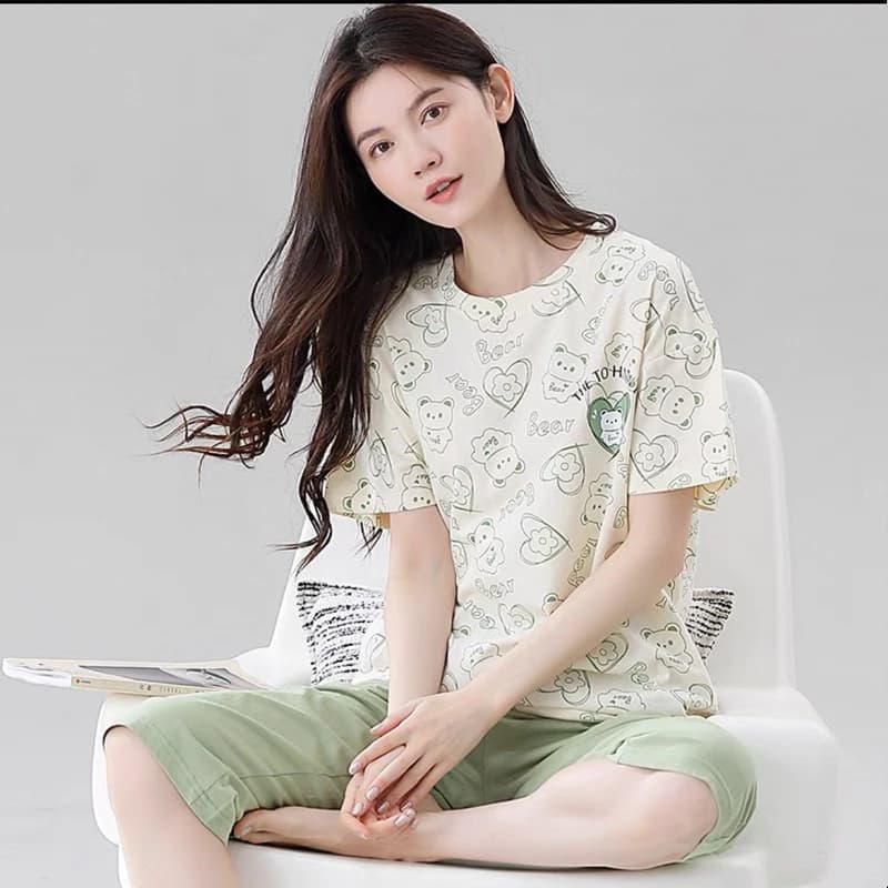 Bộ Đồ Ngủ Nữ Homewear Mùa Hè Mỏng Tay Ba Điểm Quần Crop Cổ Tròn Kích Thước Lớn Rời Ngọt Ngào Hoạt Hình Dễ Thương Có Thể Mặc Bên Ngoài Không Có Miếng Lót Ngực Phù Hợp Với Nữ
