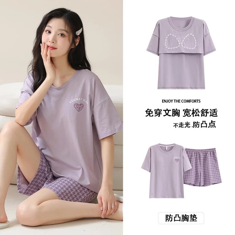 Bộ đồ ngủ nữ cotton, có đệm ngực, quần short ngắn tay cổ tròn, bộ hai mảnh mùa hè phong cách ngọt ngào, hoạt hình dễ thương, thoải mái mát mẻ