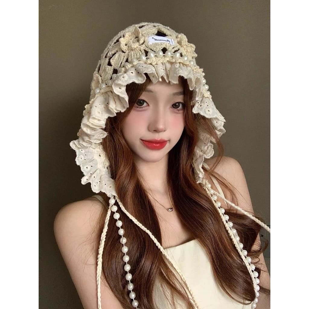 Mũ dệt kim ren nữ phong cách Nhật Bản mới, tua rua tay dệt, thời trang mùa hè