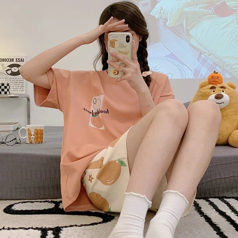Bộ Đồ Ngủ Nữ Loungewear Hai Mảnh, Tay Ngắn, Cổ Tròn, Họa Tiết Dễ Thương, Thoáng Mát Cho Mùa Hè