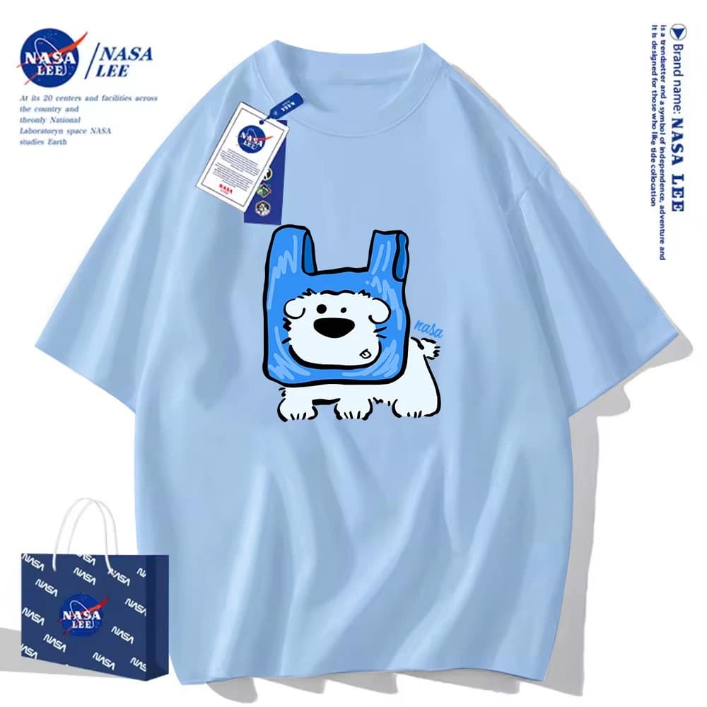 Áo thun ngắn tay cotton NASA phiên bản hợp tác  Mẫu in hình chó con túi áo unisex hè 2025