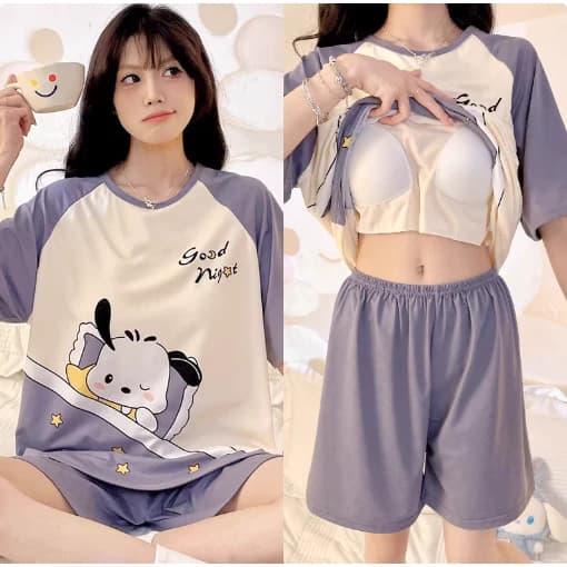 【Mã giảm giá-MI3PF738】Bộ đồ ngủ ngắn tay kèm áo ngực mút quần short thoải mái thoáng khí họa tiết hoạt hình dễ thương phù hợp mặc ở nhà và khi ra ngoài