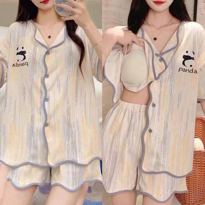 【Áo cotton hot trend có miếng lót ngực】Bộ đồ ngủ mùa hè chất liệu chống ẩm, thoáng khí, áo khoác mỏng tay ngắn + quần đùi, thiết kế thời trang cá tính, đồ bộ mặc nhà & ngủ mát mẻ