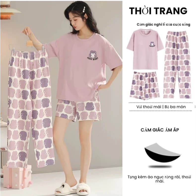 [CÓ MIẾNG LÓT NGỰC] Bộ đồ ngủ 3 món mùa hè: Áo ngắn tay + Quần đùi + Quần dài – Chất liệu mỏng mát, phong cách rộng rãi thoải mái, trung tính dễ phối. Dành cho nàng yêu thích sự dễ chịu và thời trang tại nhà.