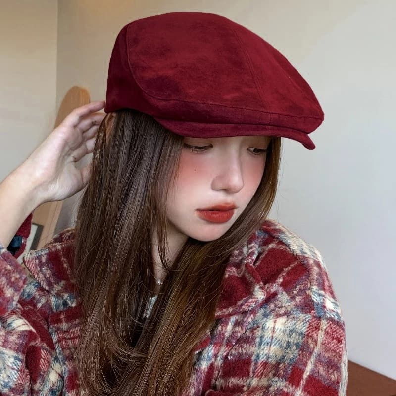 Đỏ Da Hươu Nhung Chuyển Tiếp Mũ Nữ Thu Đông Angola Đỏ Ngược Mặc Beret Phù Hợp Với Newsboy Họa Sĩ Mũ Thời Trang Hợp Thời Trang