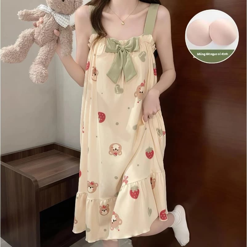 【Vải cotton nguyên chất - Có miếng độn ngực】Váy ngủ dáng dài quai mảnh, viền ren, phong cách gợi cảm ngọt ngào - mẫu hot mùa hè dành cho học sinh, teen.