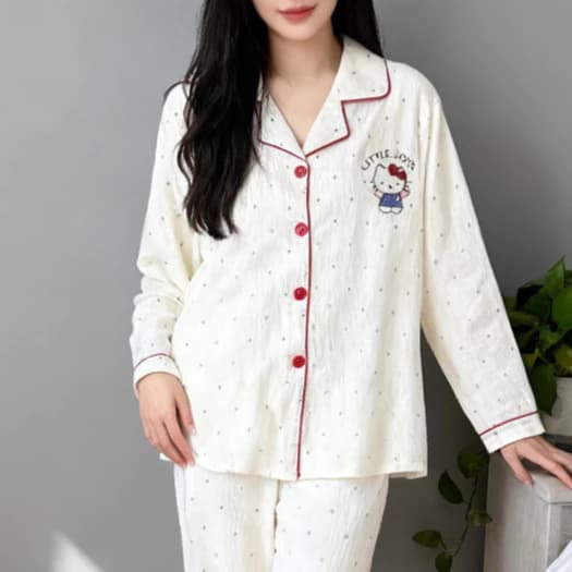 Bộ đồ ngủ Hello Kitty chấm bi, Thiết kế mỏng ,đồ ngủ trắng cao cấp dễ thương, đồ mặc nhà thu đông