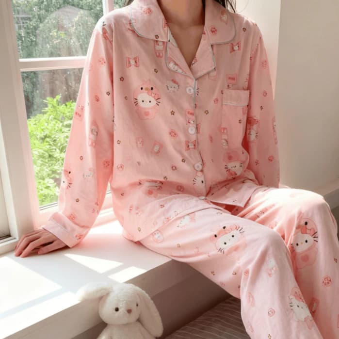Bộ đồ ngủ công chúa màu hồng họa tiết mèo, Thiết kế mỏng , quần áo dài tay bằng cotton nguyên chất, phù hợp mặc ở nhà mùa thu đông
