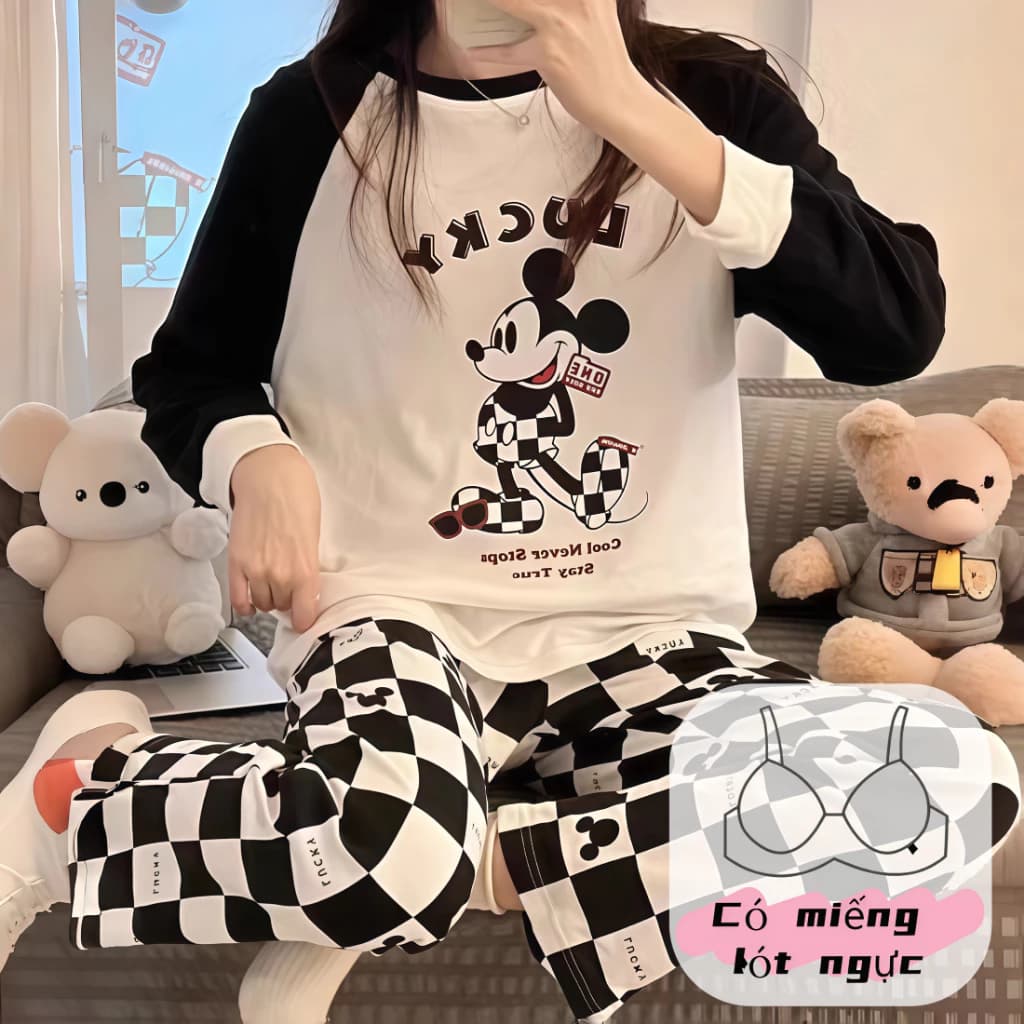 【Có miếng đệm ngực】Bộ Pyjama Nữ Thu Đông, Áo Dài Tay Cổ Tròn & Quần Dài Có Đệm Ngực - Chất Liệu Mềm, Họa Tiết Đáng Yêu - Đồ Mặc Nhà Thoải Mái Có Thể Mặc Ngoài