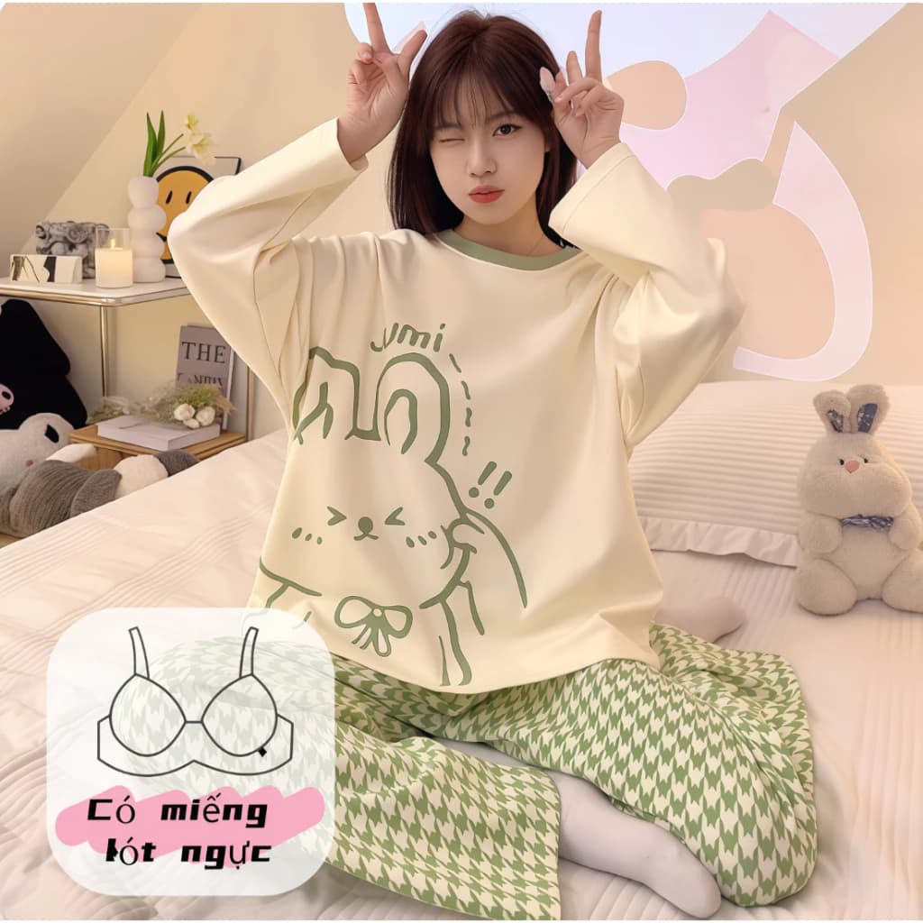 Áo ngủ nữ có đệm ngực - Họa tiết hoạt hình - Thoải mái & Dễ phối đồ - Mặc nhà hay ra ngoài đều phù hợp - Hàng mới Thu Đông
