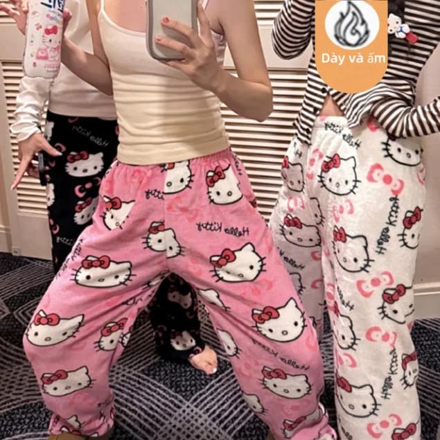 Quần ngủ bằng vải nhung dễ thương, màu hồng Hello Kitty, ấm áp cho mùa thu đông, thoải mái và rộng rãi khi mặc ở nhà