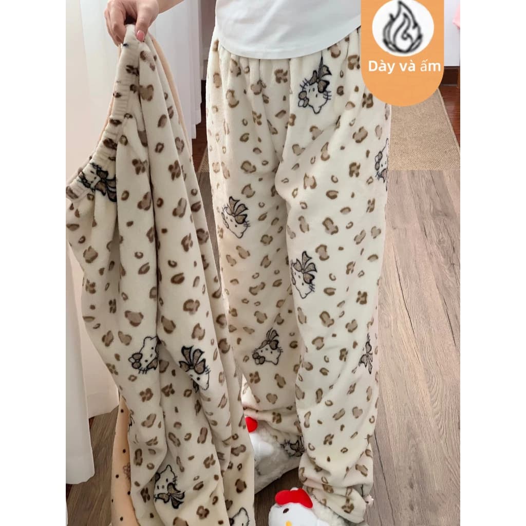Quần ngủ vải nhung xinh xắn, họa tiết da báo hình mèo Hello Kitty, quần ngủ chất lượng cao cho mùa thu đông