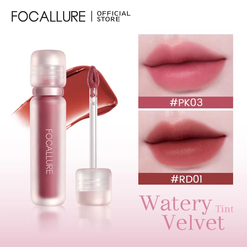 FOCALLURE Watery Velvet Tint, có kết cấu mịn màng, nhẹ nhàng, mang lại lợi ích dưỡng ẩm và cung cấp màu sắc lâu trôi.
