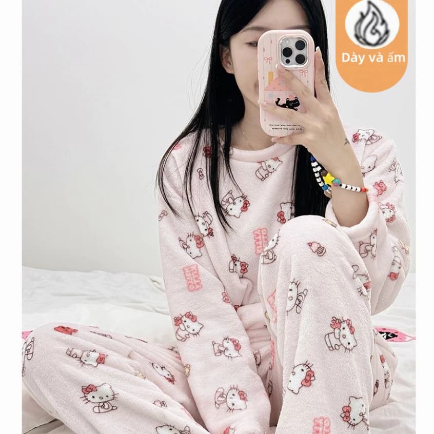 Bộ đồ ngủ lót lông cừu màu hồng, họa tiết Hello Kitty dễ thương, đồ ngủ ấm áp mùa thu đông dành cho nữ, đồ mặc ở nhà