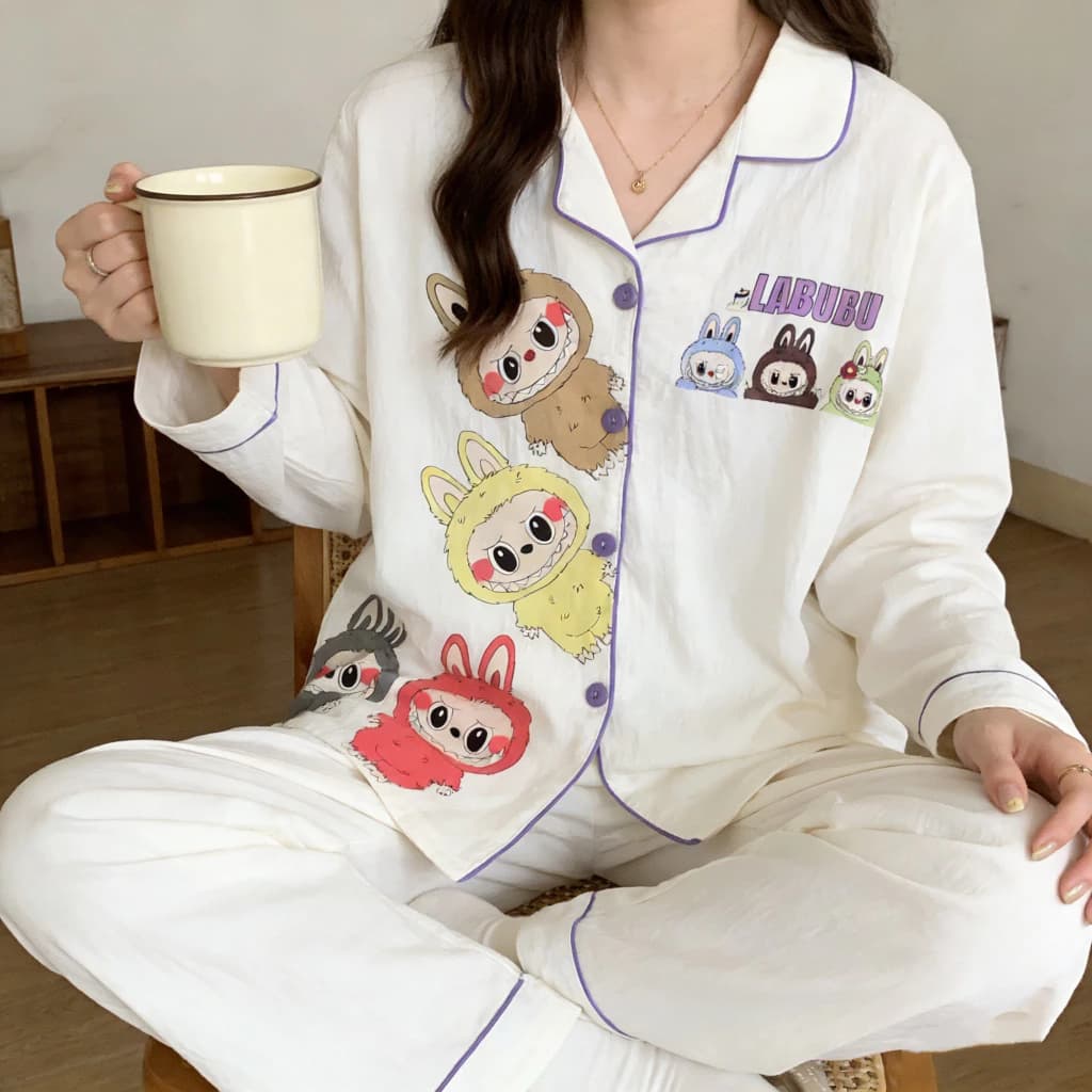 Bộ đồ ngủ Labu Monster Series, chất liệu cotton nhẹ, bộ hai mảnh gồm cardigan và quần dài, phù hợp mùa xuân hè