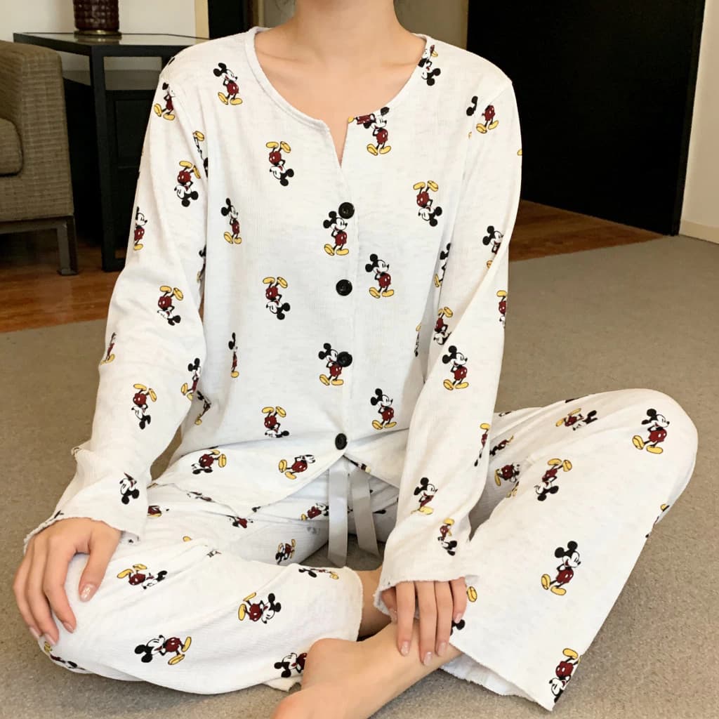 Bộ Đồ Ngủ Nữ Cotton Thoải Mái, Họa Tiết Chuột Mickey Dễ Thương, Thích Hợp Mặc Tại Nhà