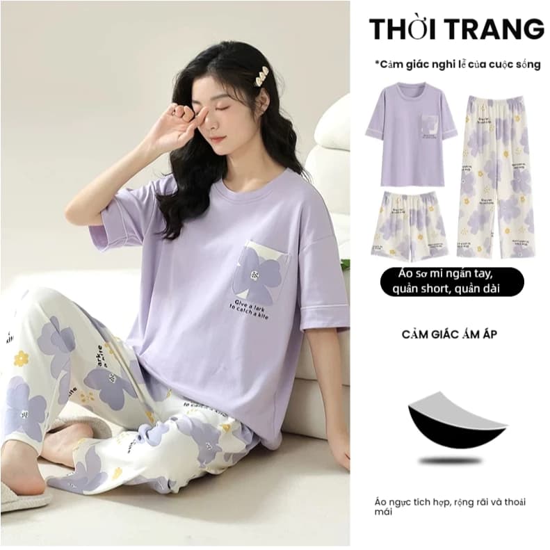 【COMBO 3IN1 SIÊU LỢI】Bộ Đồ Ngủ Nữ Mùa Thu Có Đệm Ngực 🔥 1 Áo + 2 Quần Form Rộng, Họa Tiết Hoạt Hình Cá Tính, Chất Vải Mềm - Mặc Đẹp Mọi Lúc