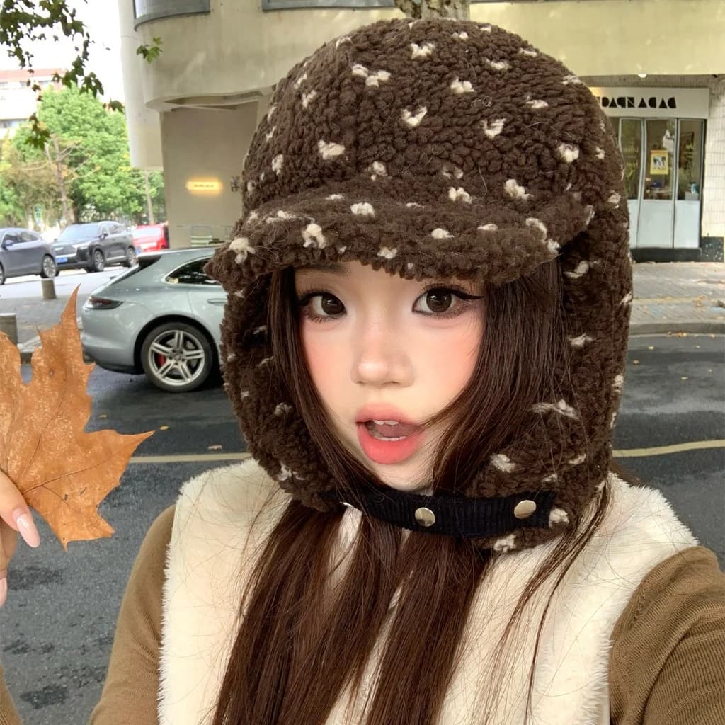 Mũ nữ mùa đông phong cách Hàn Quốc chấm bi, dày ấm áp, bảo vệ tai