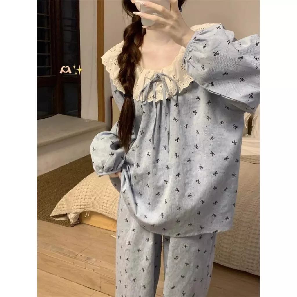 Bộ Đồ Ngủ Nữ Hàn Quốc Tay Dài Quần Dài / Tay Ngắn Quần Ngắn, Áo Viền Hoa - Thời Trang Ngọt Ngào Dễ Thương Mặc Nhà