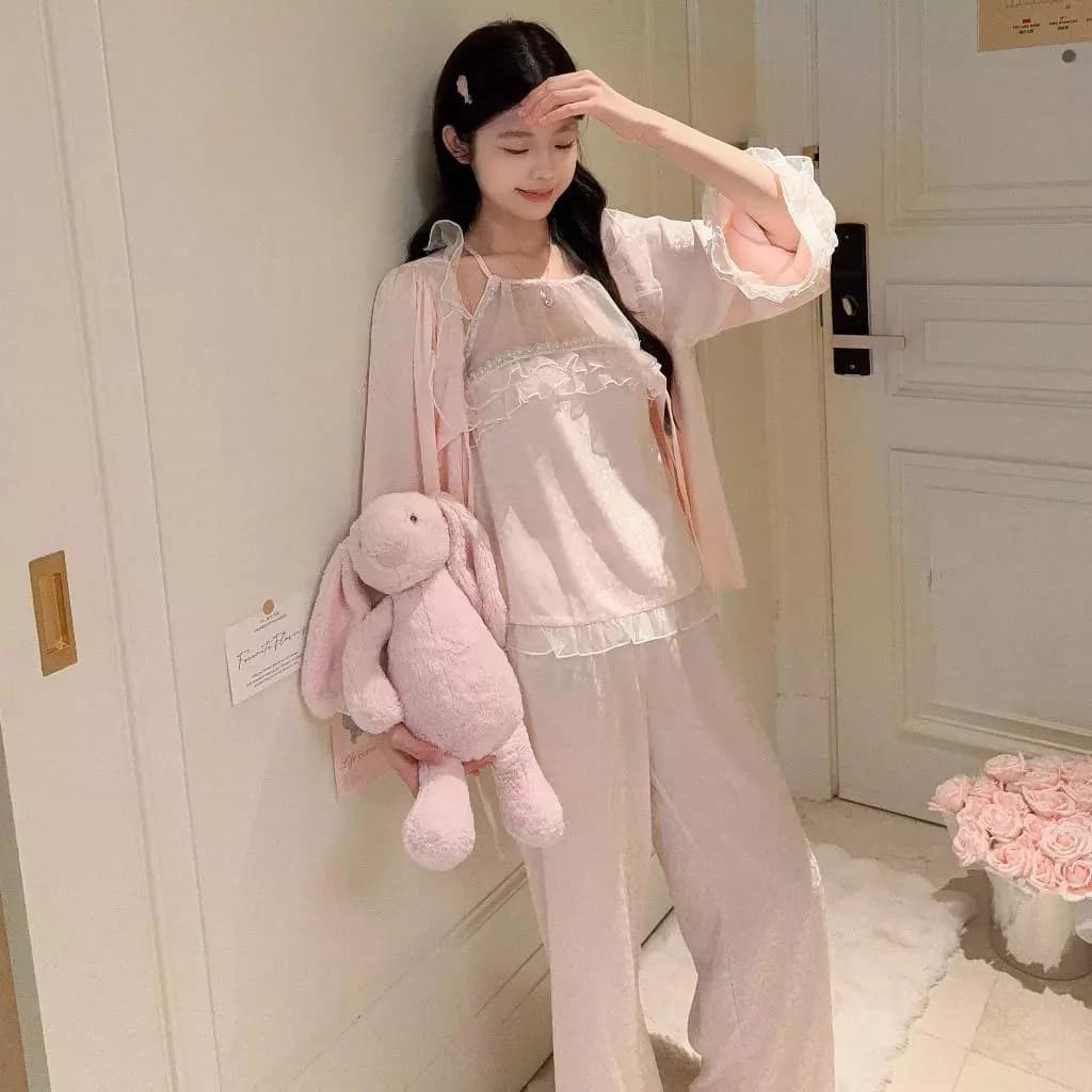 TEEFENG Bộ Đồ Ngủ Ba Mảnh Lụa Dệt Hoa Cao Cấp Phong Cách Hoàng Gia Hoa Dài Tay Mùa Xuân Mặc Nhà