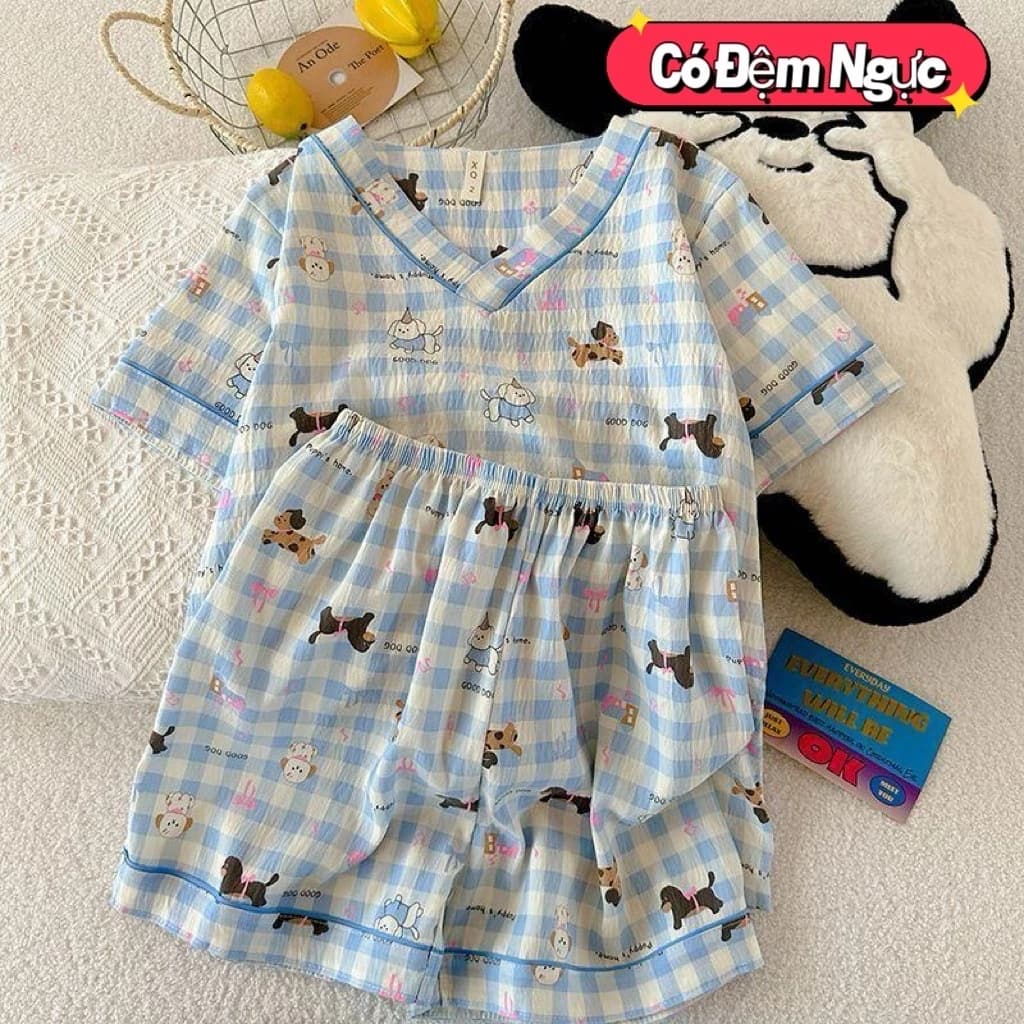 【Cotton nguyên chất - Có độn ngực】-mẫu bán chạy-Bộ đồ ngủ mùa hè cổ V - Áo ngắn tay + quần đùi - Vải mềm thoáng, nhanh khô - Đồ mặc nhà thoải mái cho nữ - Free ship toàn quốc