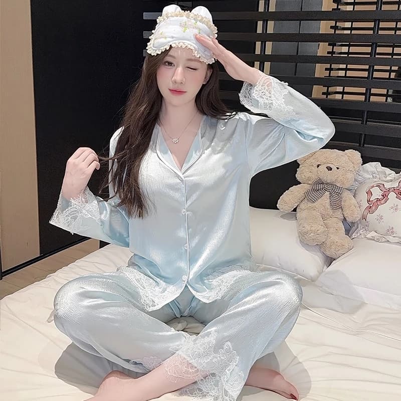 Bộ Đồ Ngủ Nữ Lịch Sự Dài Tay với Họa Tiết Ren Lụa - Loungewear