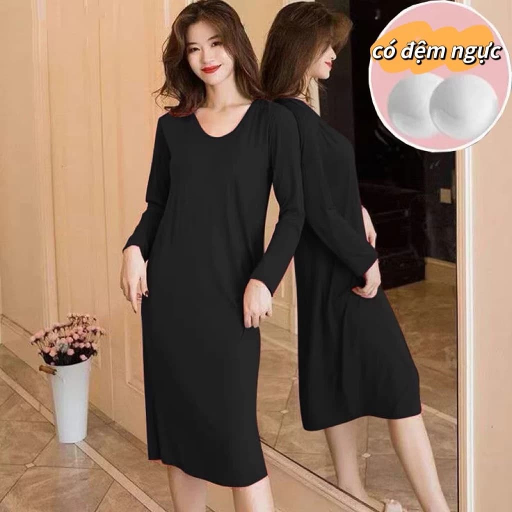 Áo Ngủ Dài Tay Chấm Gót, Có Miếng Lót Ngực - Chất Liệu Mềm Mại, Ôm Body Phong Cách Quyến Rũ Cho Mùa Thu Đông