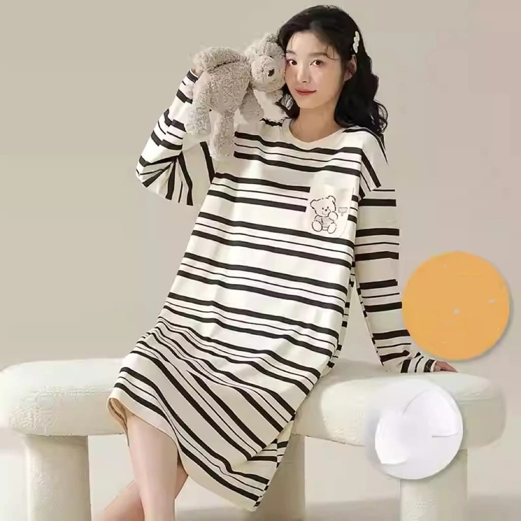 【MỚI VỀ】Đầm Ngủ Dài Kẻ Sọc Có Đệm Ngực - Form Rộng Thoải Mái, Chất Vải Cotton Mềm Mịn Cho Giấc Ngủ Ngon | Freeship