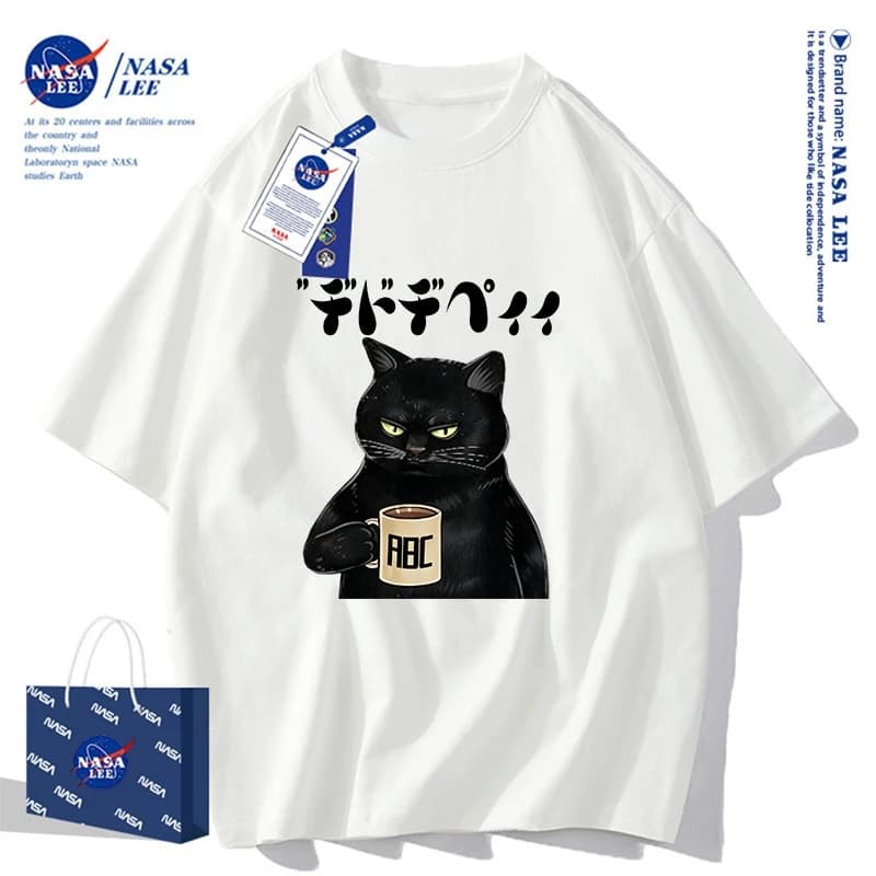Áo Thun Unisex NASA LEE - Mèo Đen 'Cà Phê' Vui Nhộn - Mẫu Mới Hè 2026, Chất Streetwear