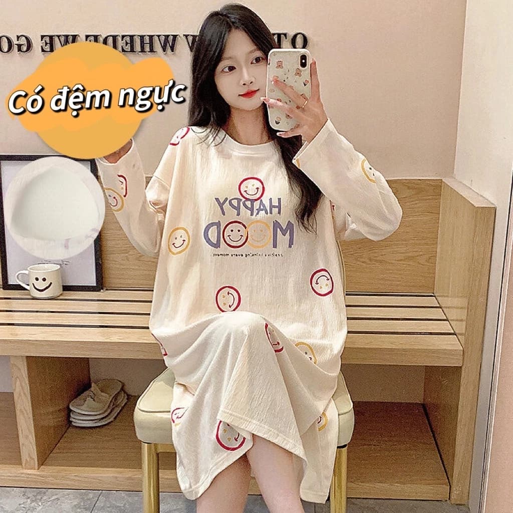 Đầm Ngủ Dài Tay Cao Cấp Có Đệm Ngực | Chất Cotton Mềm Mại, Kiểu Dáng Rộng Rãi Thoải Mái | Đồ Ngủ & Đồ Ở Nhà Hot Trend INS 2026