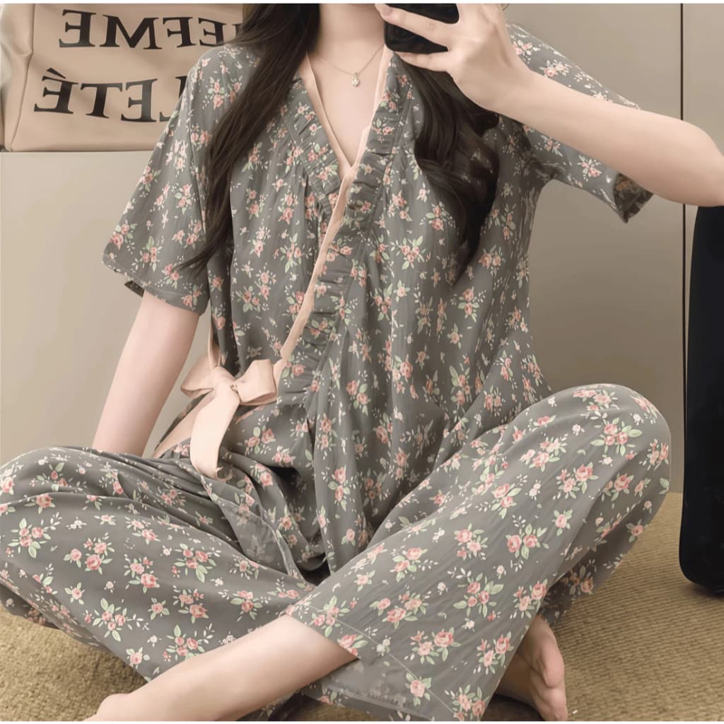 Bộ đồ ngủ nữ phong cách Trung Hoa, chất liệu bông mây và ren, họa tiết hoa, phù hợp mặc ở nhà vào mùa hè