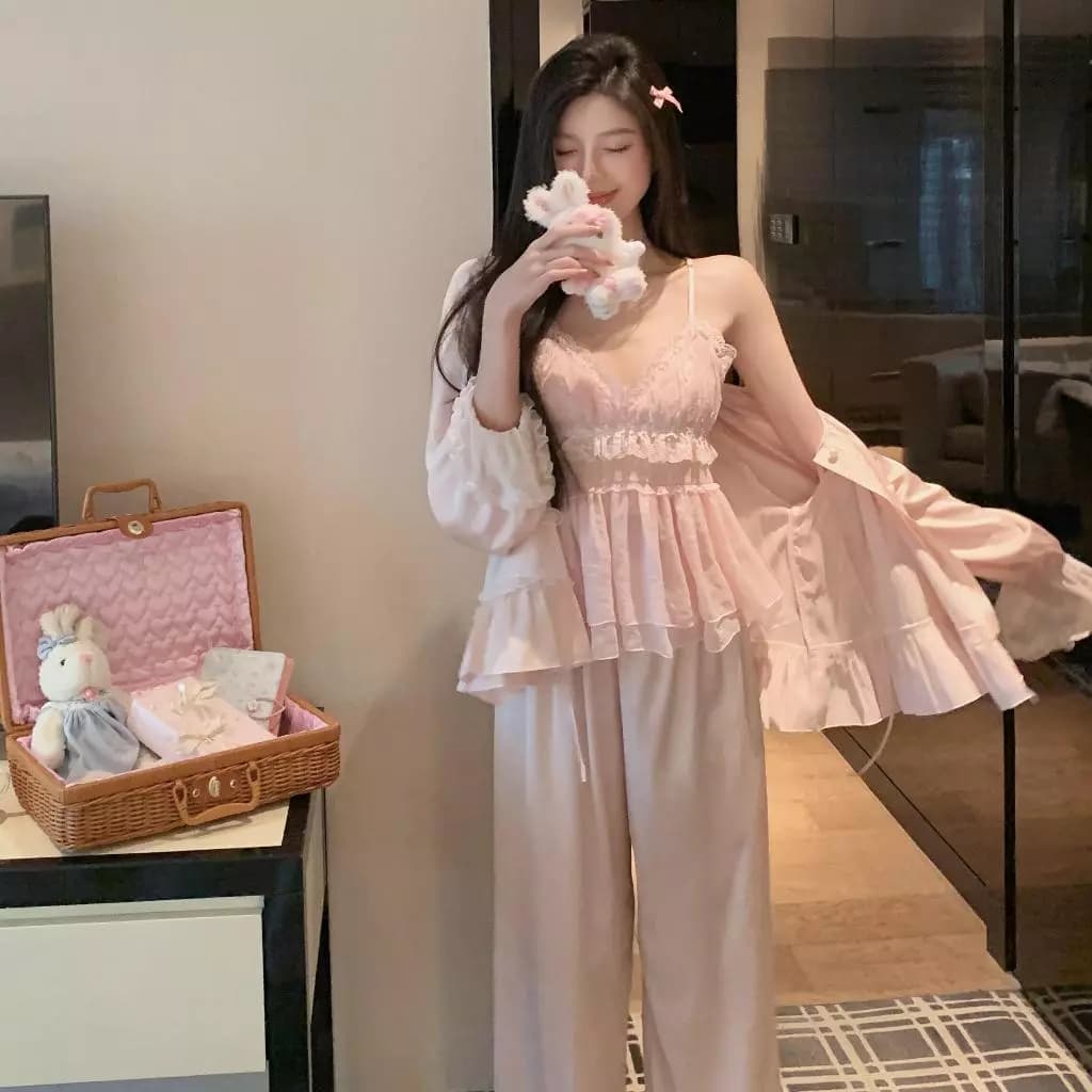 TEEFENG Bộ Đồ Ngủ Bốn Mảnh Lụa Cao Cấp Ren Viền Sang Trọng Gợi Cảm Tay Dài Mùa Hè Hai Dây Mặc Nhà