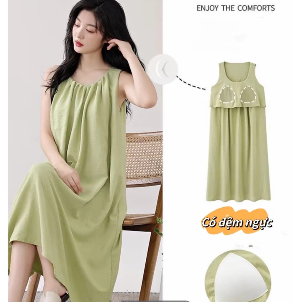 【Có Mút Ngực】Váy Ngủ Nữ Cao Cấp Chất Bông Sợi Dài - Đồ Ngủ Thời Trang Sang Trọng Hàng Hiệu