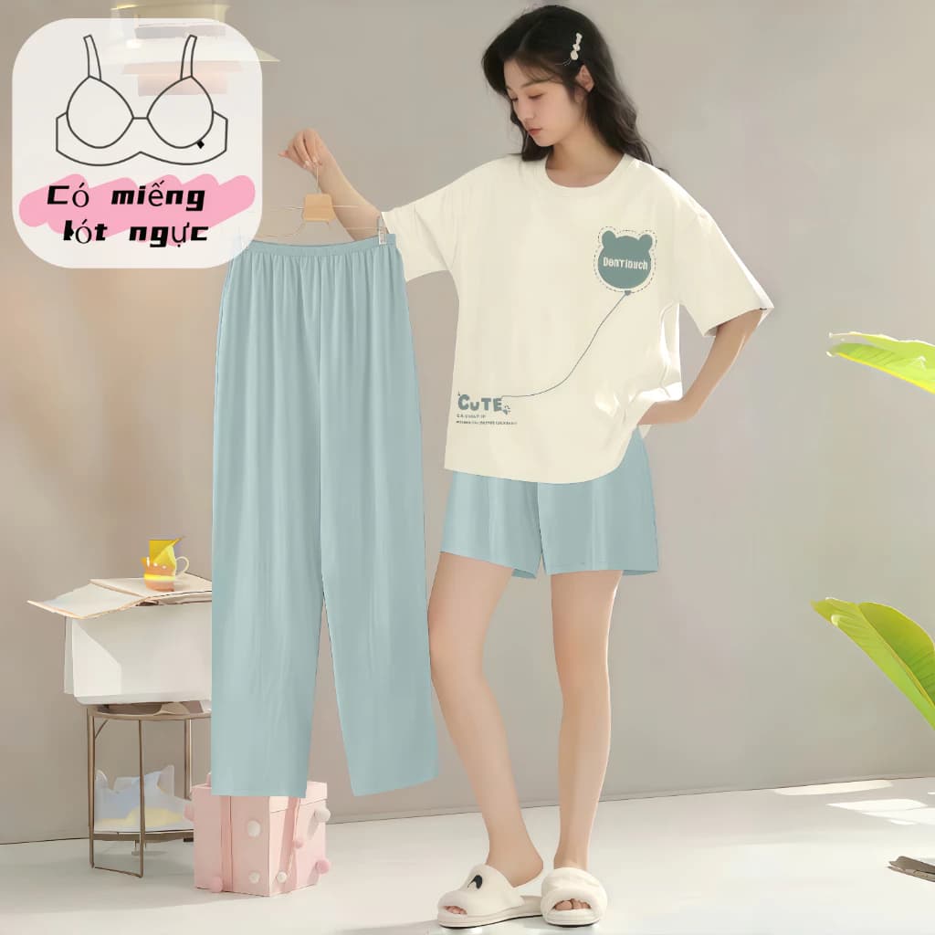 【Mẫu có đệm ngực】Bộ đồ ngủ nữ 3 món tay ngắn quần short quần dài cotton cổ trơn xuân hè in hình đáng yêu chất vải Pháp mặc nhà mặc ngoài