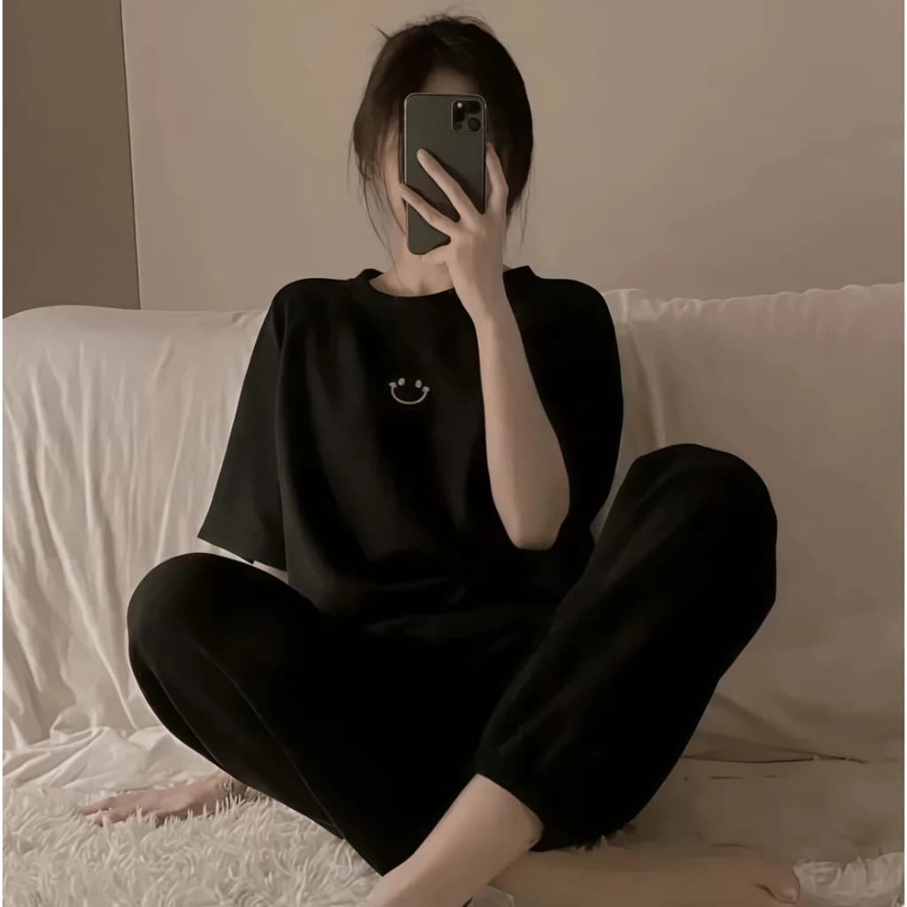 【Bộ tay ngắn quần dài】Bộ đồ ngủ nữ tay ngắn quần dài cotton cổ trơn xuân hè 2026 trơn màu in hình mặt cười đáng yêu mặc nhà mặc ngoài