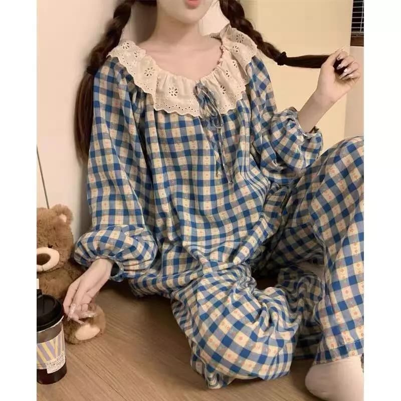 【HOT】Bộ Đồ Ngủ Hàn Quốc Dài Tay Dài Chân Bằng Cotton - Kiểu Dáng Ngọt Ngào, Đăng Ten Xinh Xắn & Cá Tính Thời Thượng | Freeship