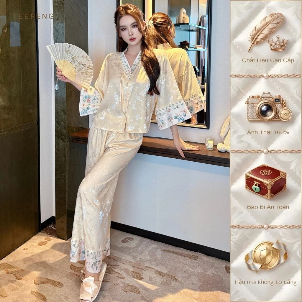 TEEFENG Bộ Đồ Ngủ Nữ Lụa Cao Cấp Dệt Hoa Sang Trọng Phong Cách Trung Hoa Tay Ngắn Mùa Xuân Mặc Nhà