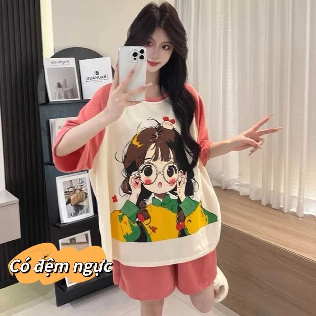 【Bán chạy kèm miếng ngực】Bộ đồ ngủ mặc nhà mùa xuân hè cotton thoáng mát – áo ngắn tay + quần short/ quần dài
