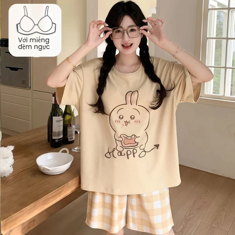 Bộ đồ ngủ ngắn tay cotton nữ với tấm lót ngực mây, phong cách Hàn Quốc, phù hợp cho mùa hè và làm quần áo gia đình