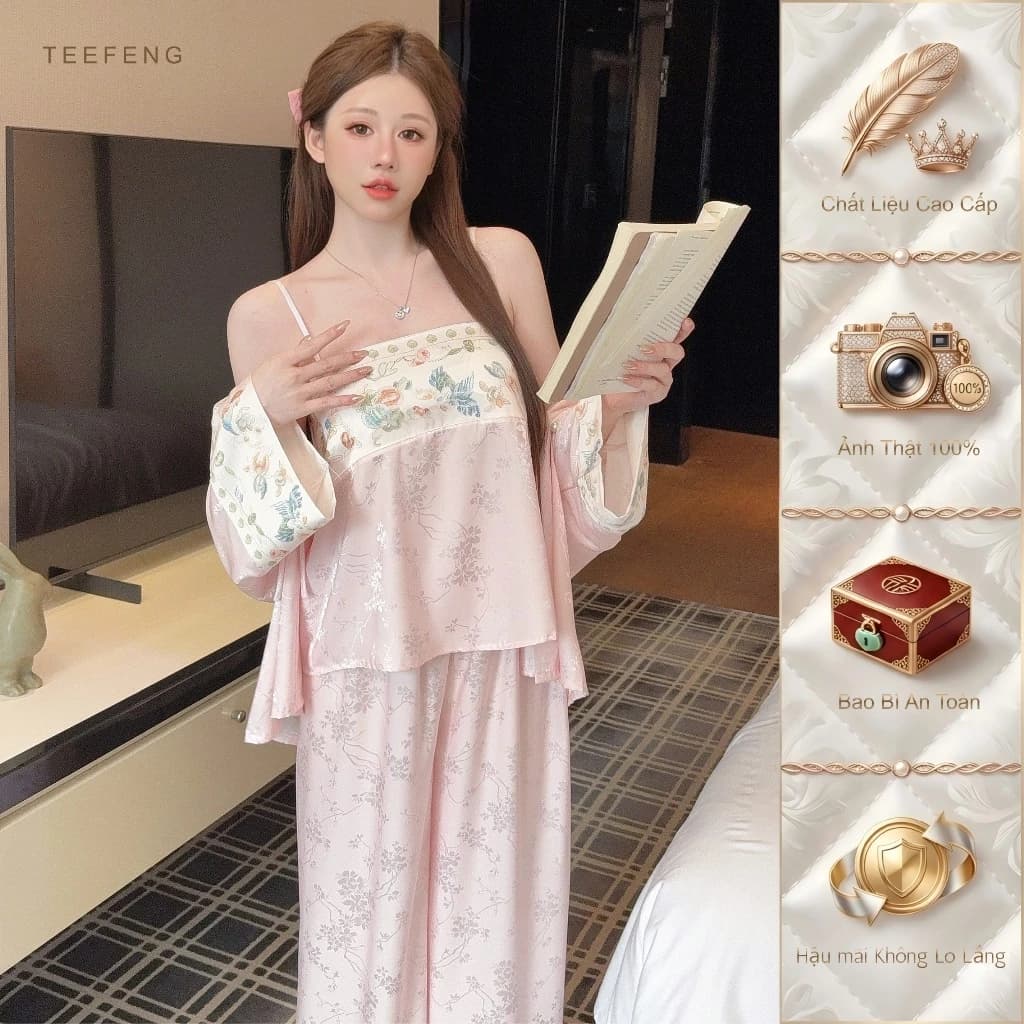 TEEFENG Bộ Đồ Ngủ Ba Mảnh Lụa Cao Cấp Dệt Hoa Sang Trọng Cung Đình Miếng Lót Ngực Tay Dài Mặc Nhà