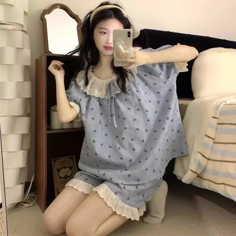 【hot trend】Bộ đồ ngủ mặc nhà ngắn tay ngắn quần nữ viền ren Hàn Quốc hot trend mùa hè