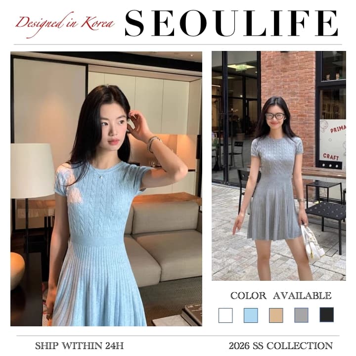 SEOULIFE | Đầm dệt kim cổ điển kiểu Pháp, có chi tiết thắt nút, Cổ tròn cổ điển & Flattering eo-Defining Fit, Váy ngắn tay mùa hè, Váy ngắn trông cao hơn ,váy ,đầm .