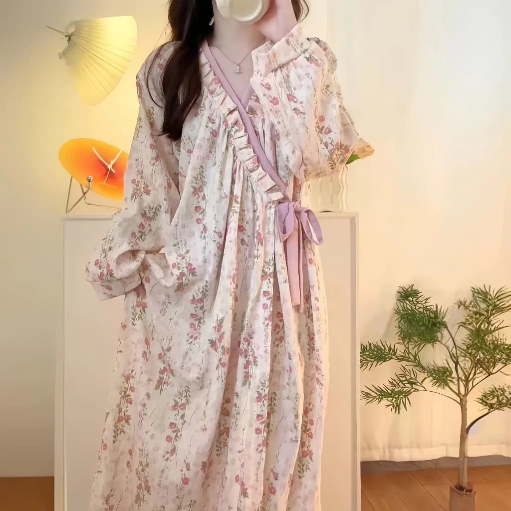 Đầm ngủ nữ phong cách Nhật Bản dáng rộng – Mẫu mới xuân hè 2026, thiết kế kimono đơn giản thanh lịch – Dài mát mịn, mặc nhà hay ra ngoài đều chuẩn phong cách Ins